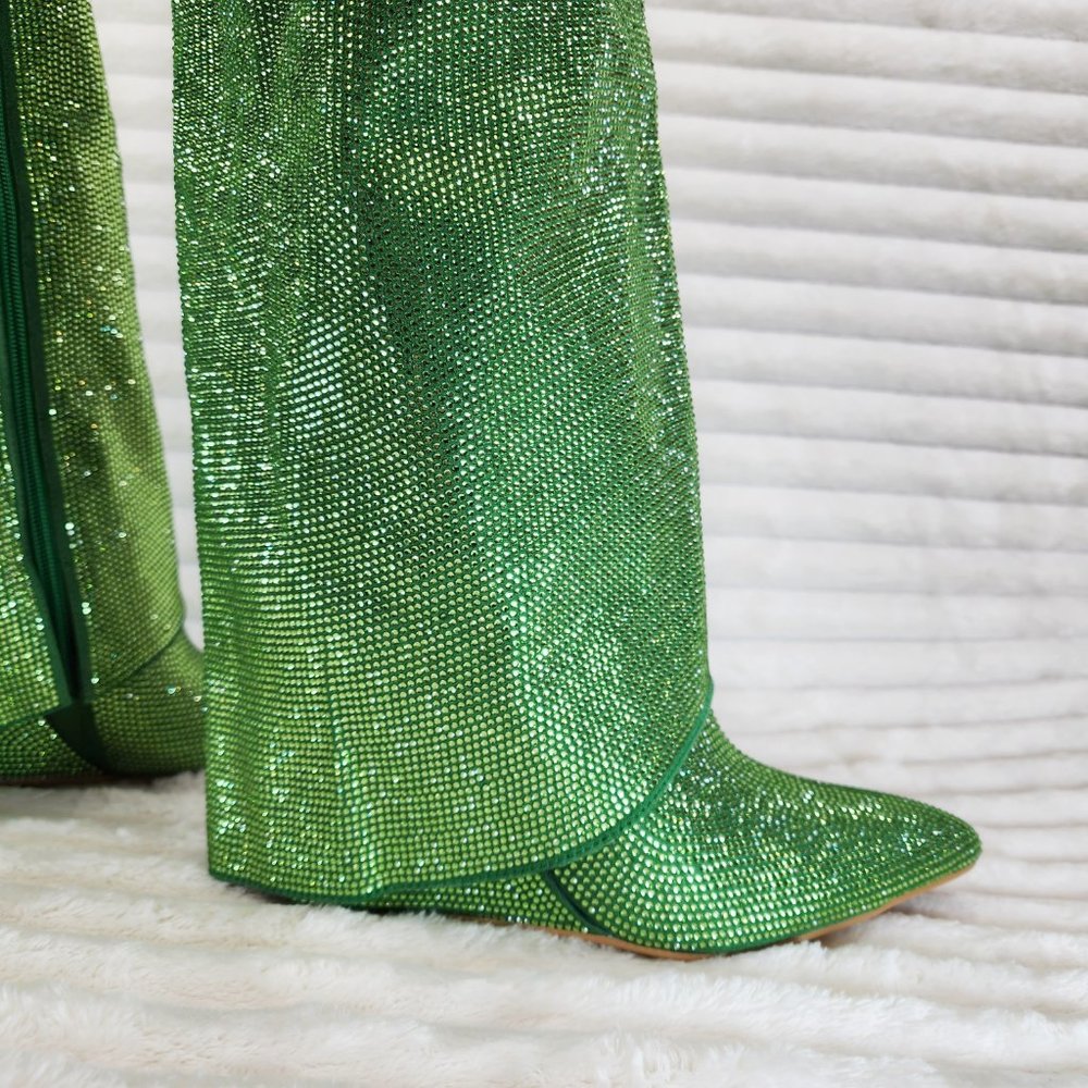 Super Sparkle Sharky Green Rhinestone Skirted Fold Over Wedge Heel Knee Boots - Picture 13 of 14